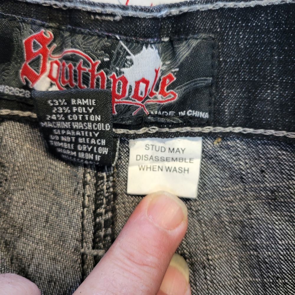 Vtg Southpole Mens Freedom Raw Black Rhinestone Skull Studded Baggy Jeans 30x32 - Picture 6 of 12